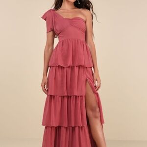 New with Tag- Elevated Vision Rusty Rose One-Shoulder Tiered Maxi Dress